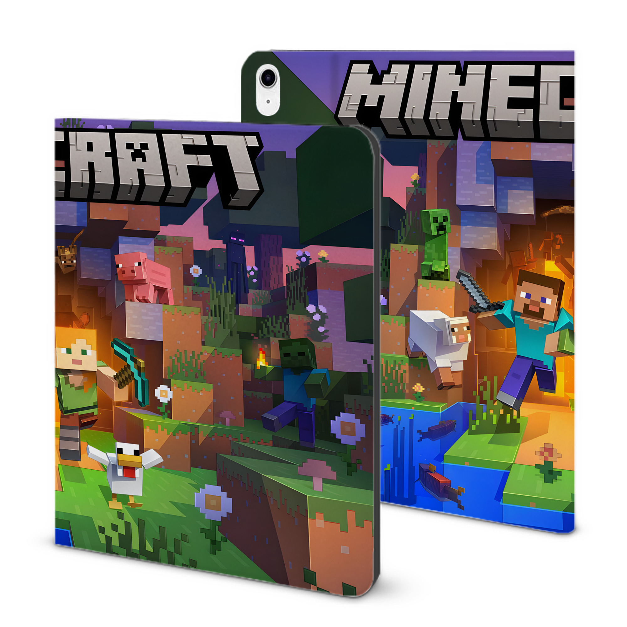 （画像用） マインクラフト ブロックの世界 Minecraft MC Block world IPad ケース ブック型 PUレザー TPU 耐衝撃 軽量 薄型 ペン収納なし 全面保護 IPad 各モデル対応